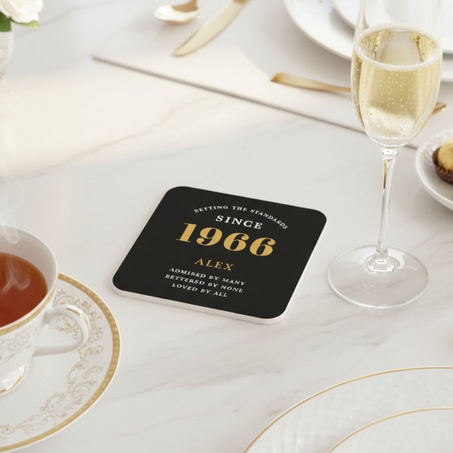 60th Birthday Name 1966 Year Black Gold Custom Square Paper Coaster (1966 coaster. White background.)