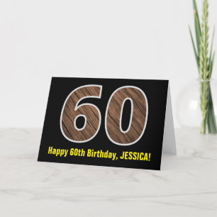 60th Birthday: Name + Faux Wood Grain Pattern "60" Card