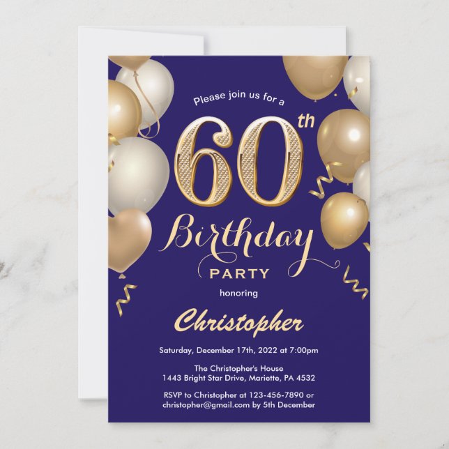 60th Birthday Navy Blue and Gold Balloons Confetti Invitation (Front)
