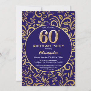 60th Birthday Navy Blue and Gold Floral Pattern Invitation