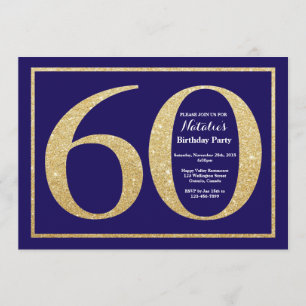 60th Birthday Navy Blue and Gold Glitter Invitation
