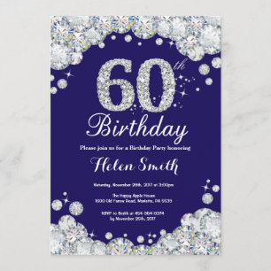 60th Birthday Navy Blue and Silver Diamond Invitation