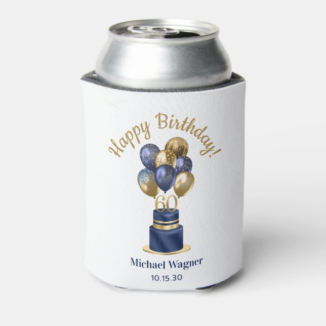 60th Birthday Navy Blue Balloon Cake Can Cooler (Can Back)