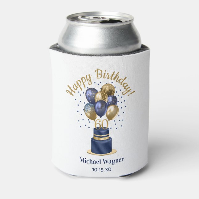 60th Birthday Navy Blue Balloon Cake Can Cooler (Can Back)