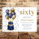 60th Birthday Navy Blue Balloon Cake Invitation<br><div class="desc">This fabulous men's 60th birthday party invitation featuring a 2-layer navy blue and gold cake with navy blue and gold balloons, the number 60 in gold and shiny blue confetti would be perfect for celebrating your husband, brother, dad, friend, co-worker. It is traditional and classic while being fresh, modern and...</div>