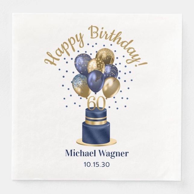60th Birthday Navy Blue Balloon Cake Napkin (Front)