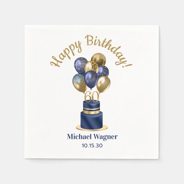 60th Birthday Navy Blue Balloon Cake Napkin (Front)