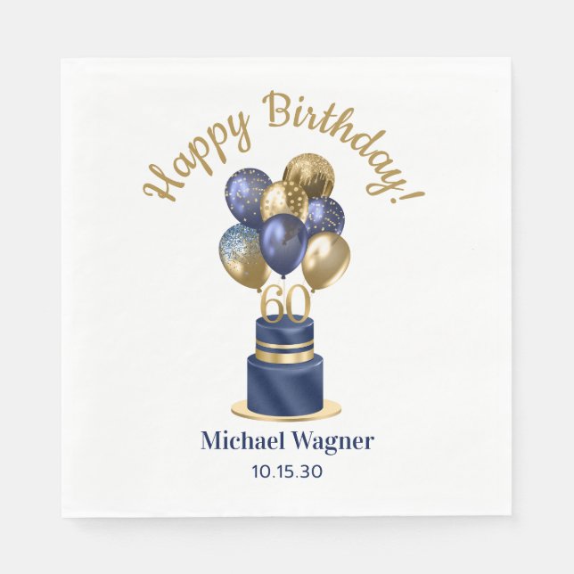 60th Birthday Navy Blue Balloon Cake Napkin (Front)