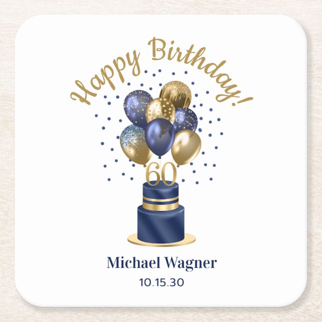 60th Birthday Navy Blue Balloon Cake Square Paper Coaster (Front)