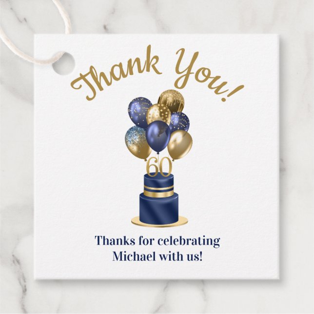 60th Birthday Navy Blue Balloon Cake Thank You Favour Tags (Front)