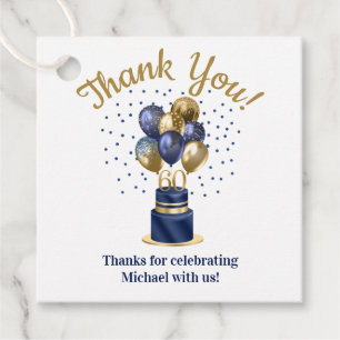 60th Birthday Navy Blue Balloon Cake Thank You Favour Tags