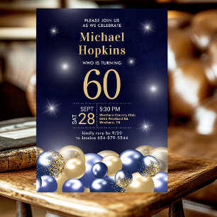 60th Birthday Navy Blue Gold Balloons Invitation