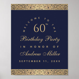 60th Birthday Navy Blue Gold Roses Welcome Sign