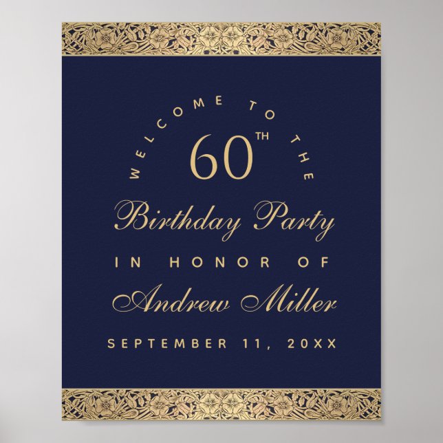 60th Birthday Navy Blue Gold Roses Welcome Sign (Front)