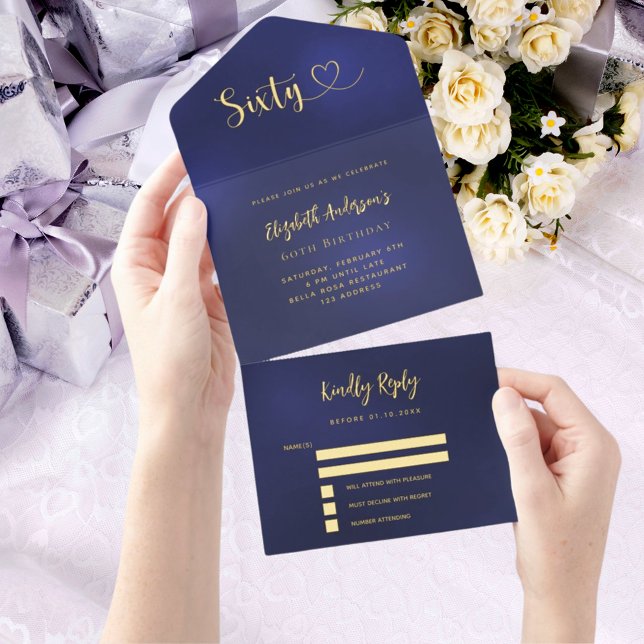 60th Birthday navy blue gold rsvp All In One Invitation (Creator Uploaded)