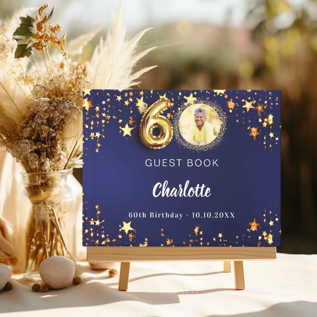 60th Birthday navy blue gold stars photo Guest Book (Creator Uploaded)