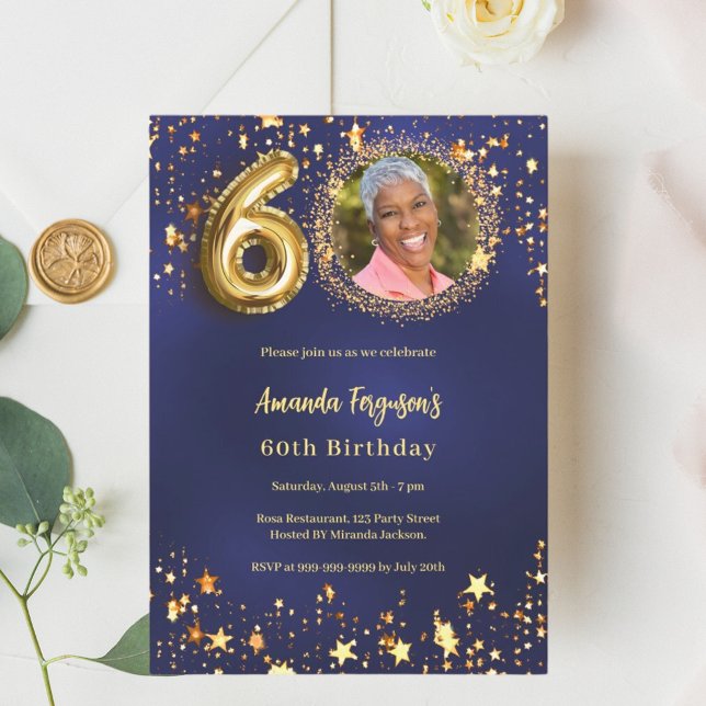 60th birthday navy blue gold stars photo luxury invitation (Creator Uploaded)