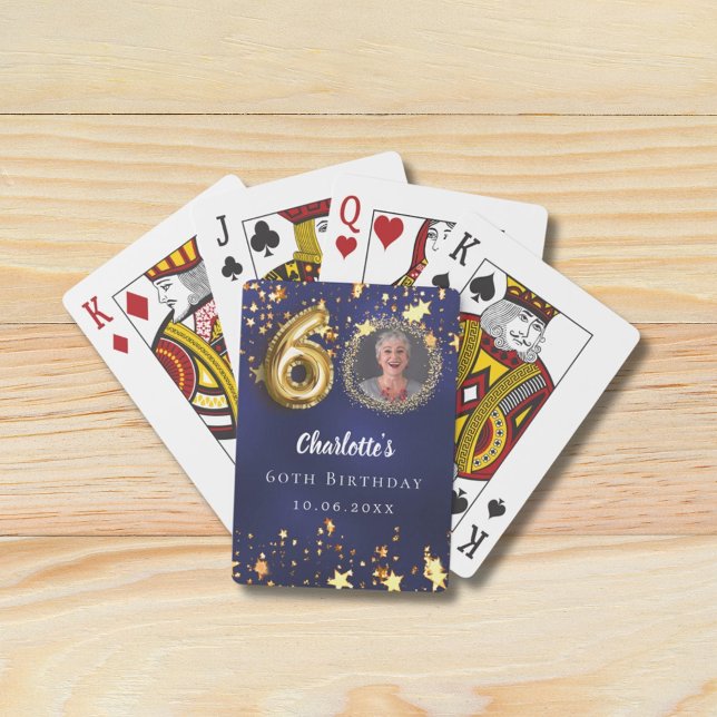 60th birthday navy blue gold stars photo playing cards (Creator Uploaded)