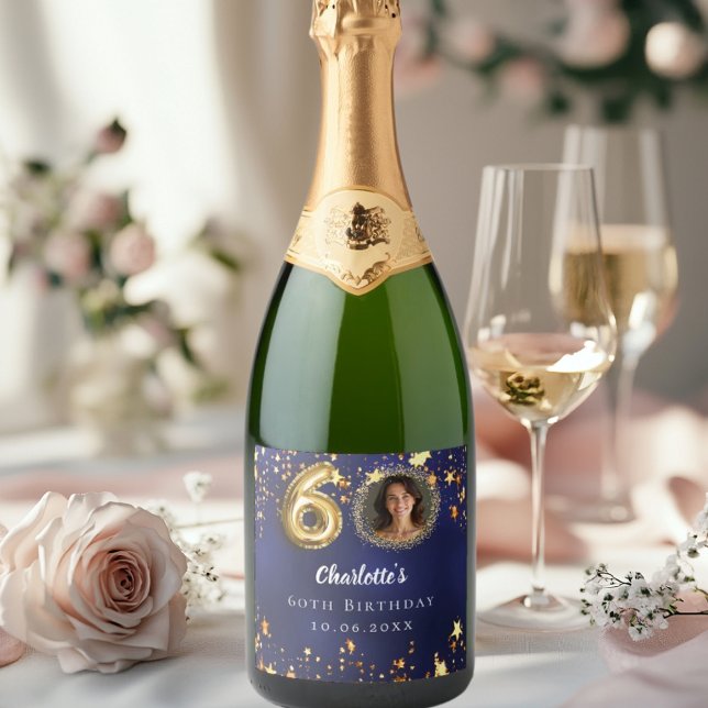 60th birthday navy blue gold stars photo sparkling wine label (Creator Uploaded)