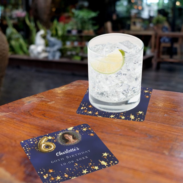 60th birthday navy blue gold stars photo square paper coaster (Creator Uploaded)