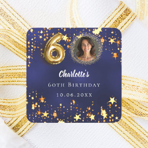 60th birthday navy blue gold stars photo square sticker