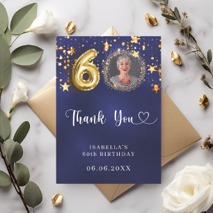 60th birthday navy blue gold stars photo thank you card