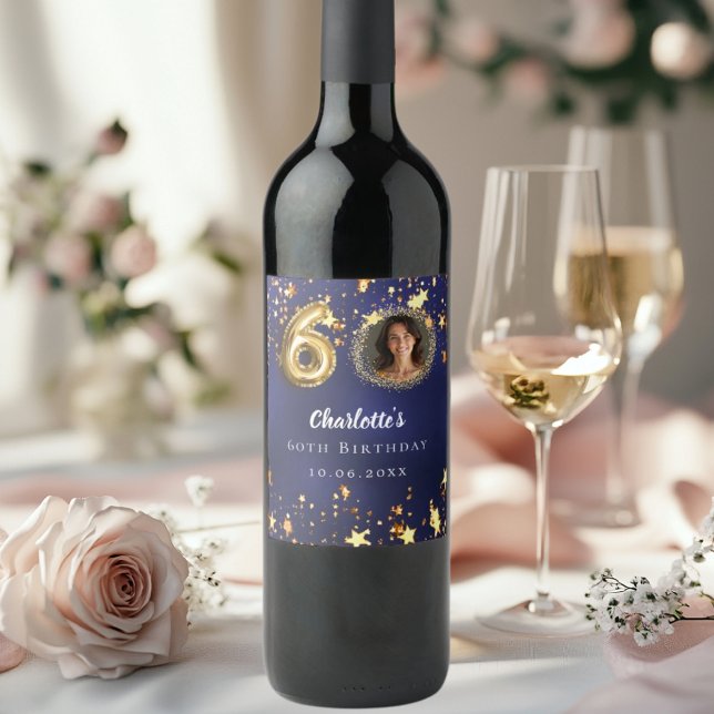 60th birthday navy blue gold stars photo wine label (Creator Uploaded)
