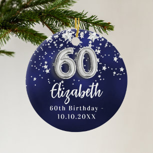 60th birthday navy blue silver stars ceramic tree decoration