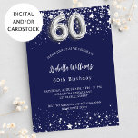 60th birthday navy blue silver stars invitation<br><div class="desc">A modern,  stylish and glamourous invitation for a 60th birthday party.  A navy blue background,  decorated with faux silver stars. Personalise and add your name and party details.  Number 60 is written with a balloon style font.</div>