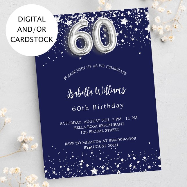 60th birthday navy blue silver stars invitation (Creator Uploaded)