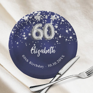 60th Birthday navy blue silver stars Paper Plate