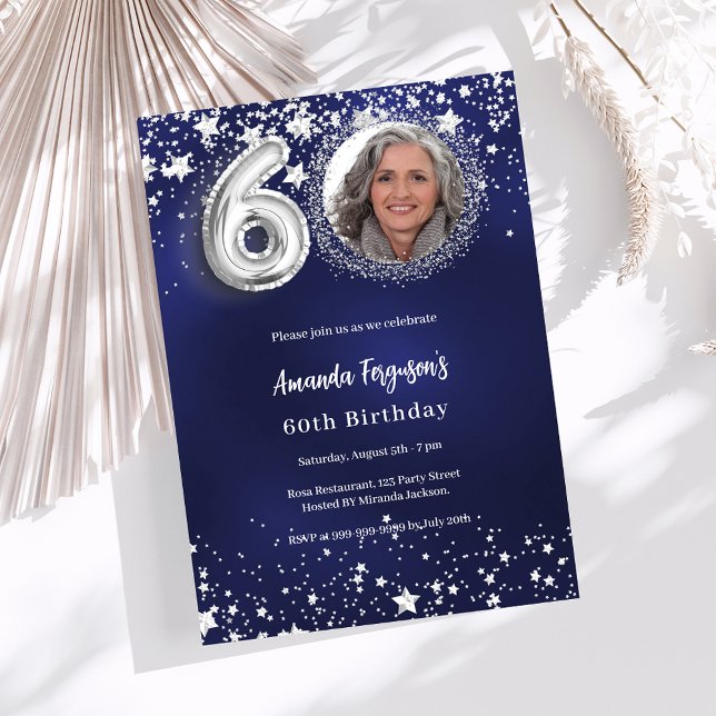 60th birthday navy blue silver stars photo luxury invitation (Creator Uploaded)