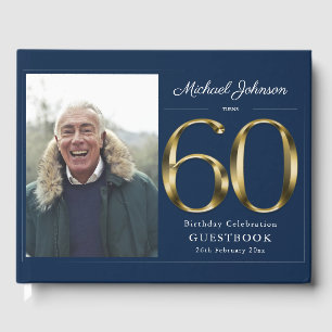 60th Birthday Navy Blue Solid Gold Custom Photo Guest Book