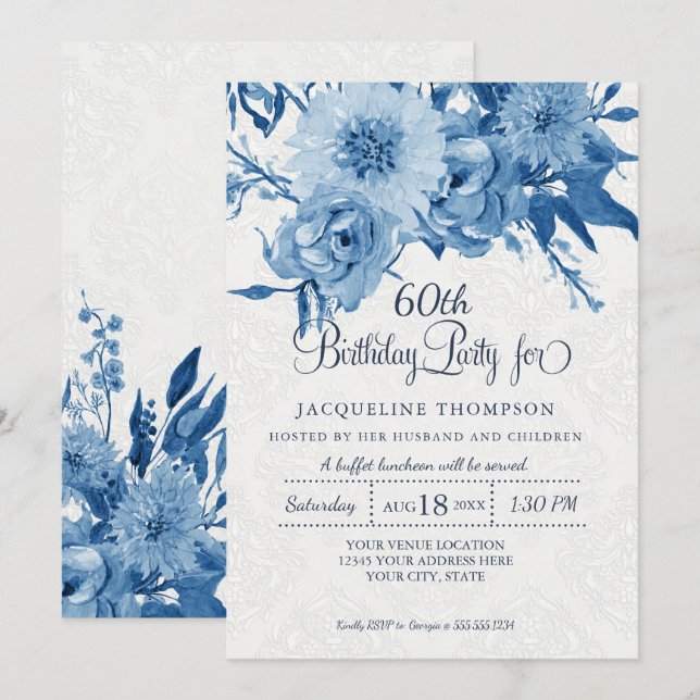 60th Birthday Navy Blue White Chintz Damask Floral Invitation (Front/Back)