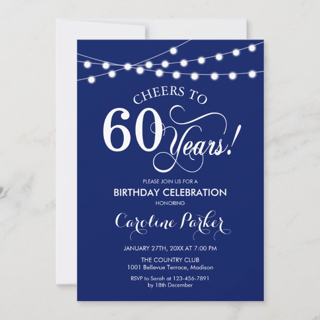 60th Birthday - Navy Blue White Invitation (Front)