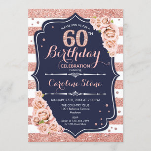 60th Birthday - Navy Rose Gold and White Stripes Invitation