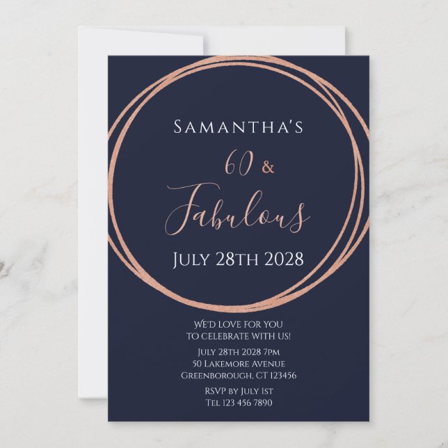 60th Birthday Navy Rose Gold Party Invitation (Front)