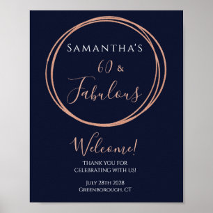 60th Birthday Navy Rose Gold Party Welcome Poster
