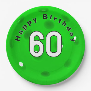 60th Birthday Neon Green Pickleball Paper Plate
