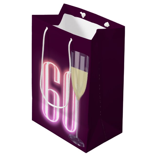 60th Birthday Neon Sign with Wine   Medium Gift Bag (Front Angled)