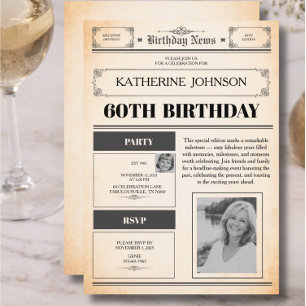 60th Birthday Newspaper 2 Photo Invitation