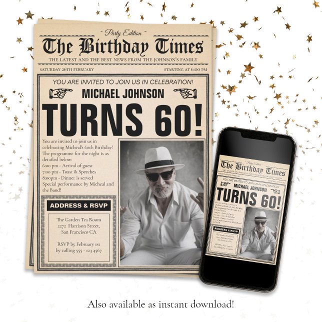 60th Birthday Newspaper Cover Humour Custom Photo Invitation (60th Birthday Newspaper Cover Humour Custom Photo Invitation)