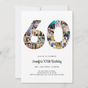 60th Birthday Number 60 Custom Photo Collage Invitation