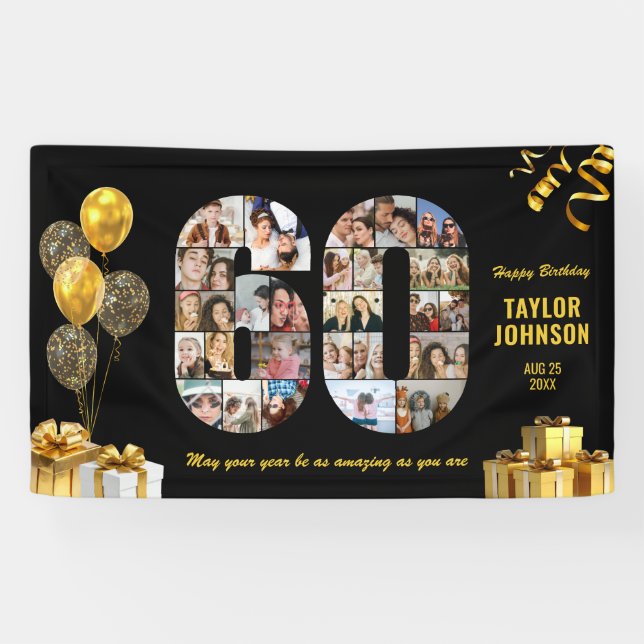 60th Birthday Number 60 Photo Collage Black Gold Banner (Horizontal)