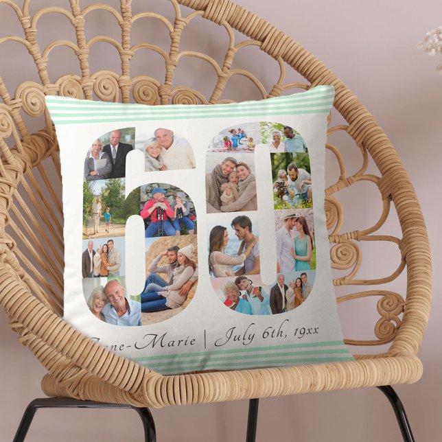 60th Birthday Number 60 Photo Collage Mint Green Cushion (Creator Uploaded)
