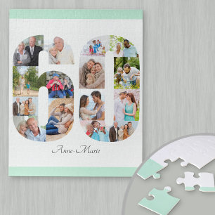 60th Birthday Number 60 Photo Collage Mint Jigsaw Puzzle