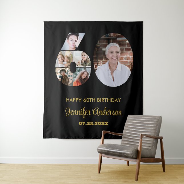 60th Birthday Number 60 Photo Collage Modern Black Tapestry (In Situ)
