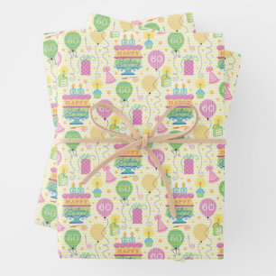 60th Birthday Number Candles Cake Balloon Wrapping Paper Sheet