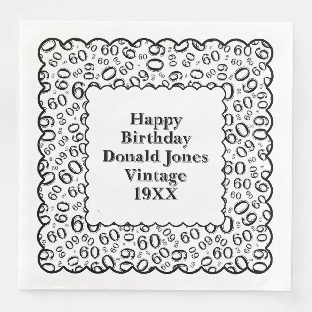 60th Birthday Number Pattern Scallops Black/White Napkin (Front)