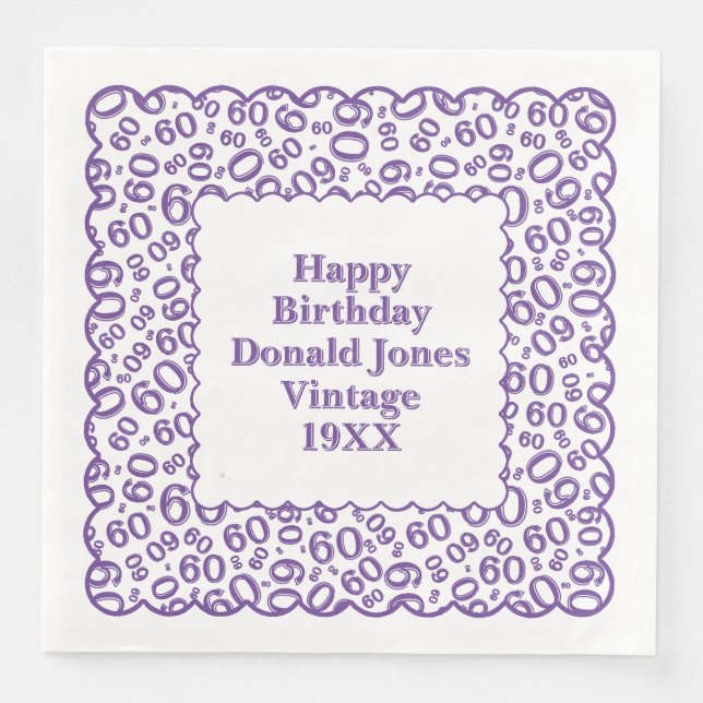 60th Birthday Number Pattern Scallops Purple/White Napkin (Front)